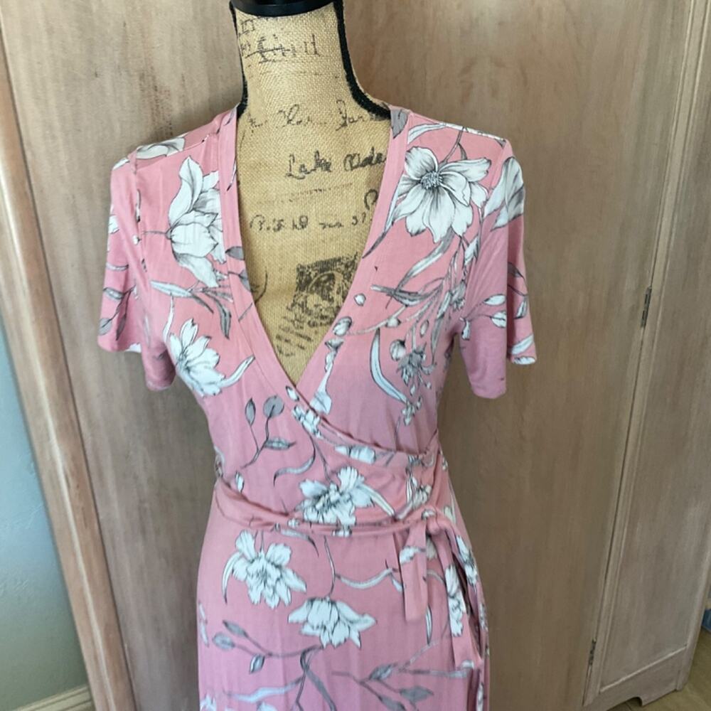 MATTY M Blush Pink faux wrap Dress Short Sleeve Jersey floral Cottagecore  L - Picture 12 of 14